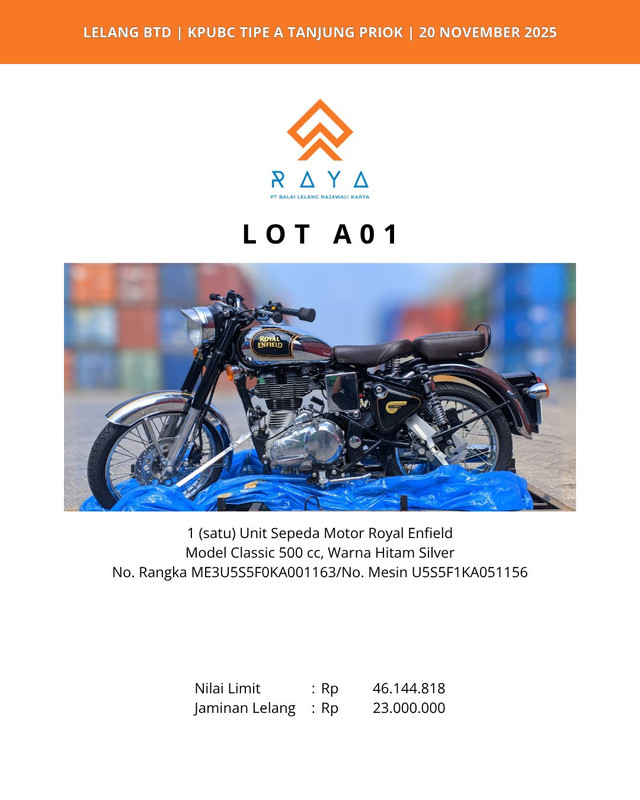 Bea cukai lelang 60 unit motor Royal Enfield Classic 350 dan Classic 500. Foto: Lelang Raya