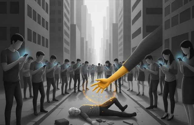 Ilustrasi kelangkaan empati teknologi pemisah emosional (Gemini.Ai)