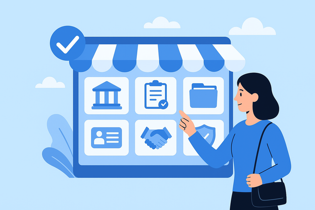 Ilustrasi animasi layanan pemerintah digital berbentuk marketplace, menampilkan warga yang memilih berbagai ikon layanan publik dalam satu platform terintegrasi. (Sumber foto: Idisign)