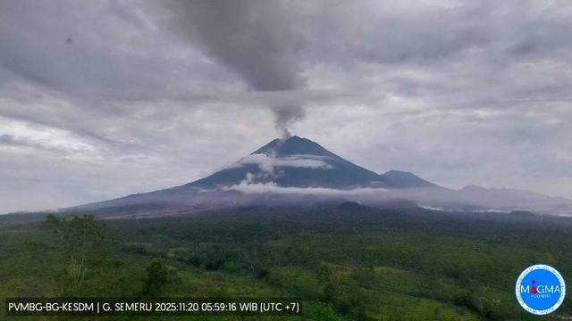 Visual Gunung Semeru terbaru pukul 07.30 WIB, Kamis (20/11/2025).
 Foto: Dok. Badan Geologi