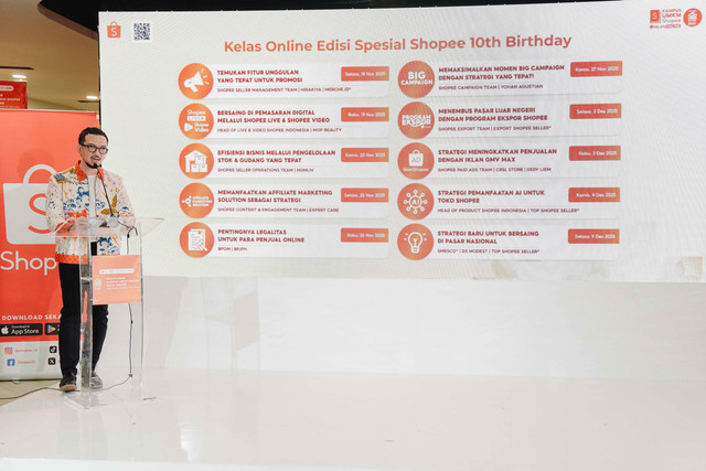 Shopee menghadirkan program pelatihan gratis bertajuk Kampus UMKM Shopee Kelas Online Edisi Spesial Shopee 10th Birthday, 18 November-9 Desember 2025. Foto: Dok. Istimewa