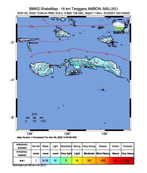 Gempabumi berkekuatan 6,0 magnitudo mengguncang wilayah Pulau Ambon. Dok BMKG