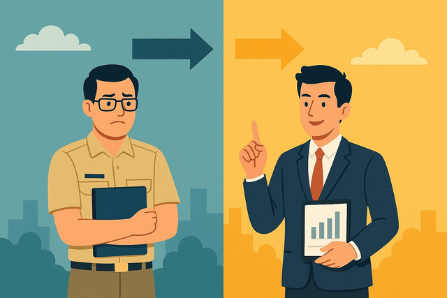 Ilustrasi transisi kepemimpinan publik Indonesia dari birokrat konvensional menuju strategist modern. (Sumber foto: Idisign)