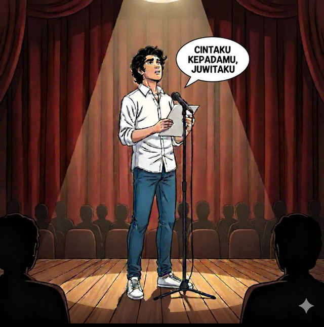 5Ilustrasi seorang pemuda tengah membaca puisi. (Sumber: Gemini AI)