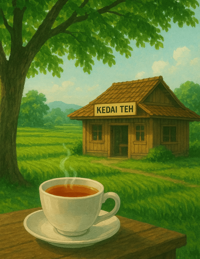 Ilustrasi suasana kedai teh dibawah pohon kersem (Source: Chat GPT)