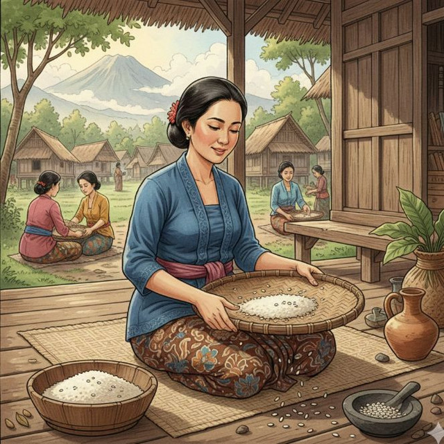Ilustrasi kegiatan menampi beras yang biasa menjadi bagian dari kesibukan para ibu rumah tangga pada masa lalu. (Sumber: Gemini AI)