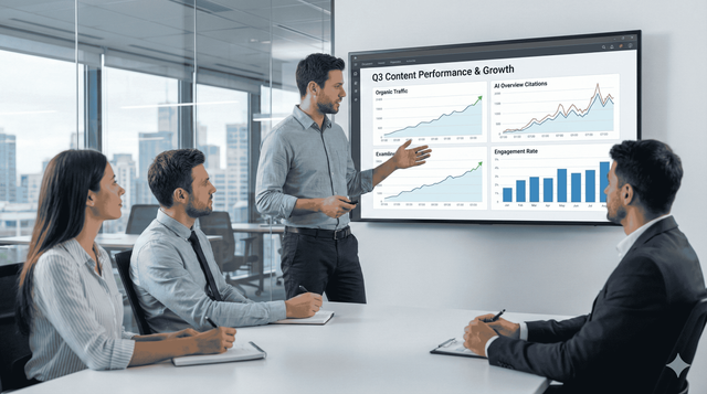 Ilustrasi Content Engineer memaparkan performa sebuah konten. Gambar ini dibuat oleh Gemini AI