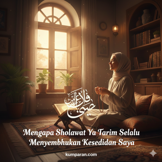 Momen tenang seorang perempuan yang menemukan kedamaian melalui lantunan sholawat Ya Tarim.