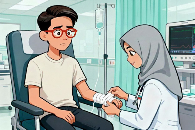 Fitrah saat mendapat perawatan di UGD setelah terkena tumpahan kopi panas. (Ilustrasi)