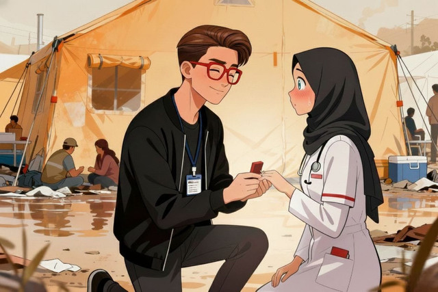 Di tengah suasana kacau di tenda pengungsian, Fitrah melamar Arine. (Ilustrasi)