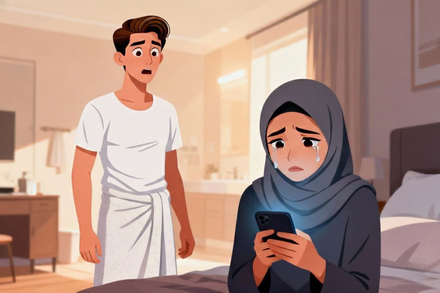 Air mata arine tumpah saat membaca chat mesra antara Fitrah dan Syakira. (Ilustrasi)