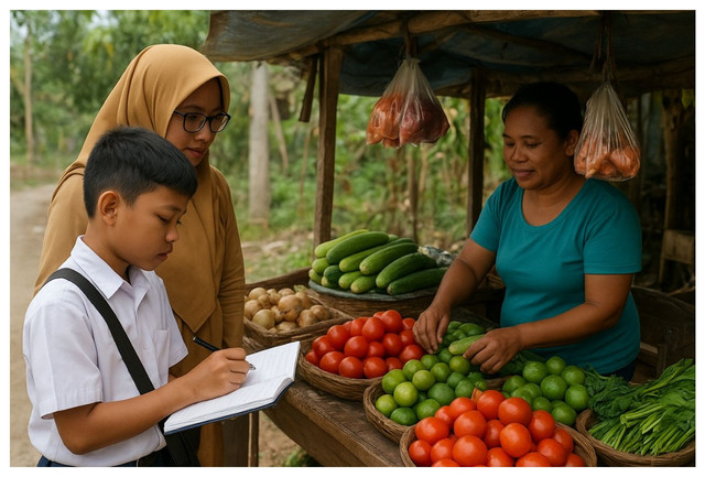 Siswa melakukan wawancara lapangan dengan warga. Gambar dibuat menggunakan teknologi kecerdasan buatan (AI) melalui platform ChatGPT pada 2 desember 2025.