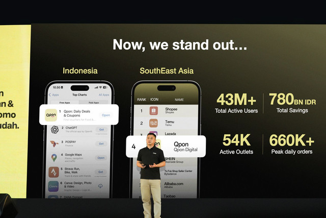 Qpon luncurkan fitur Explore dan layanan inovasi merchant di event Qpon Merchant Gathering & Awarding Night 2025 yang digelar di Ritz-Carlton Ballroom, Pacific Place Jakarta.