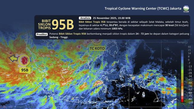 Badan Meteorologi, Klimatologi, dan Geofisika (BMKG) menganalisis perkembangan signifikan Bibit Siklon Tropis 95B yang teridentifikasi sejak 21 November 2025 di perairan timur Aceh, Selat Malaka. Foto: Dok. BMKG