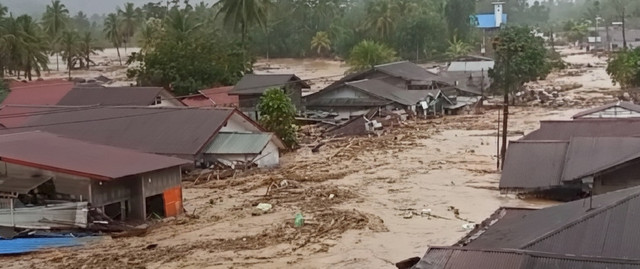 Banjir membawa kayu gelondongan di satu desa di Garoga, Batang Toru, Tapanuli Selatan (24 November 2025). Foto: Facebook.