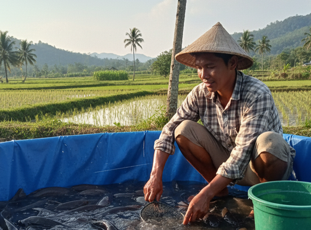 gambar : seorang peternak ikan lele di Mamasa tengah memanen kolam miliknya (sumber: foto pribadi penulis)