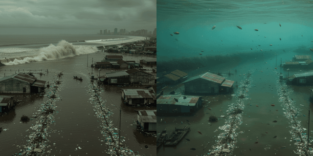 Ilustrasi Tenggelamnya Permukiman di Jakarta Utara. Sumber Foto: AI Generated — GeminiAI