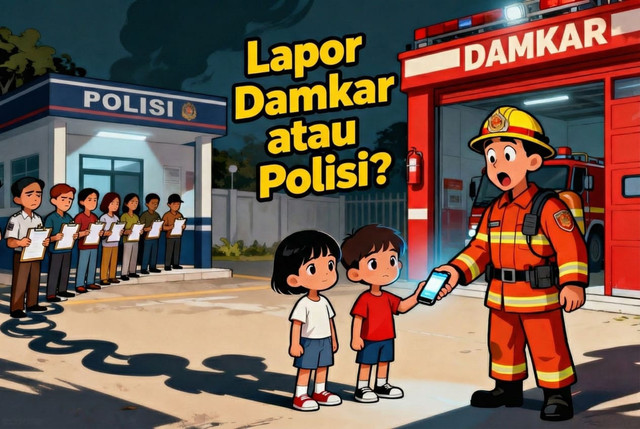 Ilustrasi dua orang anak menyerahkan Ponsel kepada petugas Damkar untuk dikembalikan kepada pemiliknya. (Sumber : AI Generator/Fahruddin Fitriya)