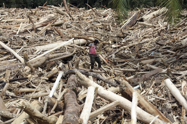 Warga berjalan di atas sampah kayu gelondongan pasca banjir bandang di Desa Aek Garoga, Kecamatan Batang Toru, Kabupaten Tapanuli Selatan, Sumatera Utara, Sabtu (29/11/2025). Foto: Yudi Manar/ ANTARA FOTO