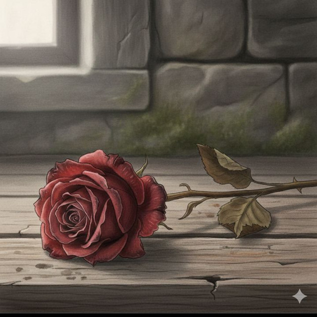 Sekuntum mawar merah yang telah layu biasanya menyertai sebagai simbol suasana yang mendapat jamahan penanda “alerta” karena mengguyurkan rasa keprihatinan mendalam. (Sumber: Gemini AI)