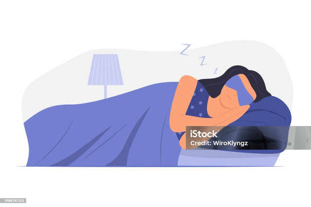 Ilustrasi wanita tidur nyenyak dengan masker mata, simbol pentingnya istirahat saat menghadapi masalah. Sumber: iStockphoto.com