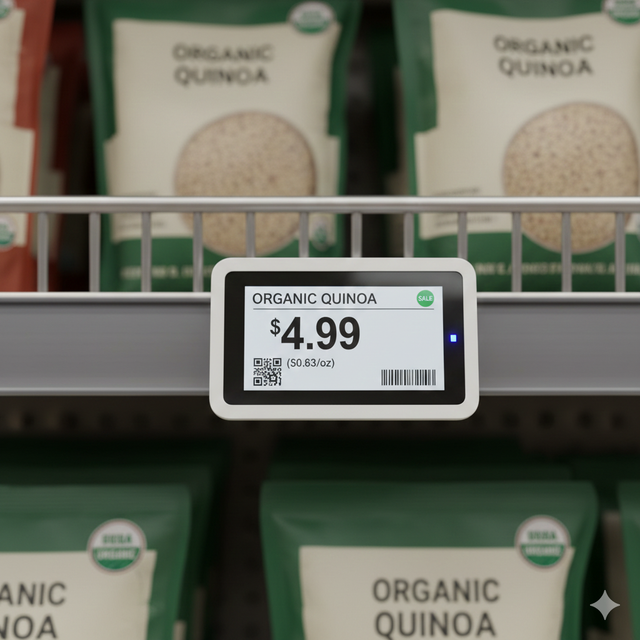 Ilustrasi penerapan dynamic pricing dalam benruk price tag digital di supermarket (Sumber: Gemini AI)