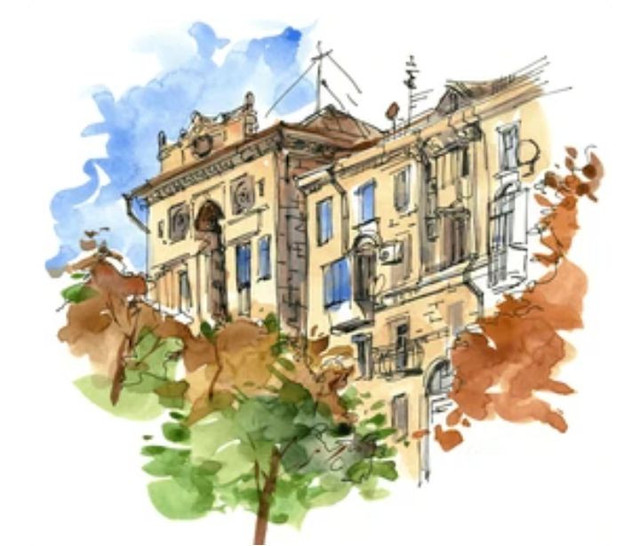 Lukisan latar depan suatu bangunan dengan gaya sketsa. Sebuah lanskap dengan cat air. (Sumber: Shutterstock)