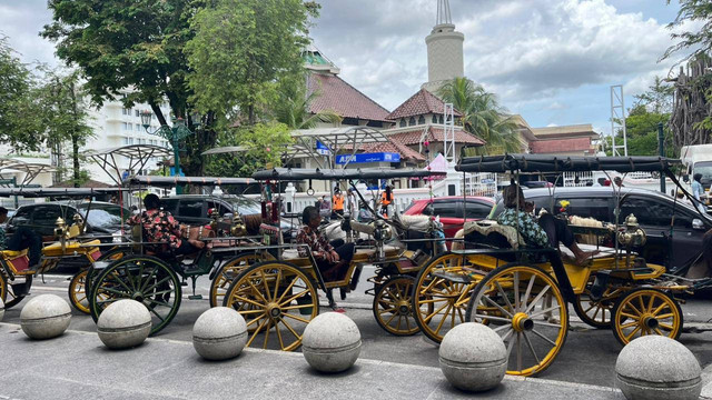 Sejumlah andong (delman) berjejer rapi menunggu penumpang di kawasan Malioboro, Yogyakarta, Jumat (28/11). Foto: Pandangan Jogja/Gigih Imanadi