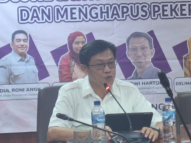 Direktur Tanaman Kelapa Sawit dan Aneka Palma Kementerian Pertanian, Baginda Siagian dalam Diskusi Forwatan bertajuk 'Industri Sawit Melindungi Perempuan dan Menghapus Pekerja Anak' di Kantor Kementan, Jakarta Selatan pada Selasa (2/12/2025). Foto: Argya D. Maheswara/kumparan