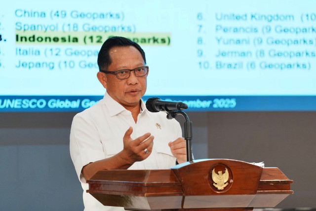 Mendagri Tito Karnavian memberi sambutan pada acara Indonesia's Geopark Leader Forum bertajuk "Building Knowledge for Indonesia's Geopark Development" di Kantor PPN/Bappenas, Jakarta, Rabu (3/12/2025). Foto: Kemendagri RI