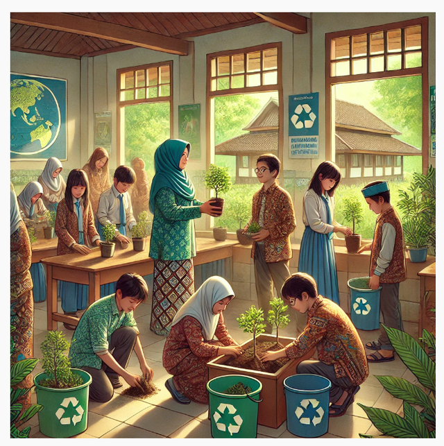 Anak disuruh cinta lingkungan, guru disuruh menerapkan silabus baru—semoga sempat napas. (Sumber: ChatGPT).