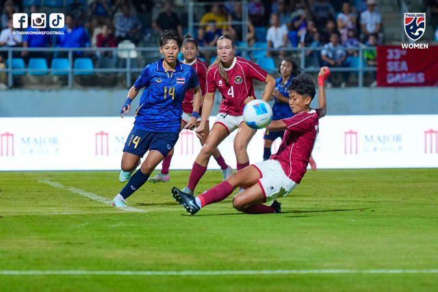 Pertandingan Timnas Wanita Indonesia vs Thailand di laga pembuka Grup A SEA Games 2025 pada Kamis (4/12) di Chonburi Stadium. Foto: Facebook/ Thai Women's Football
