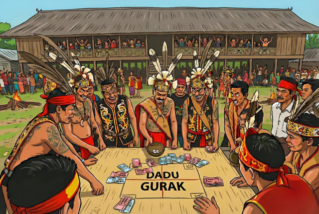 Permainan dadu gurak umum dijumpai saat Wara (upacara kematian) di Barito Timur. (Ilustrasi/Fahruddin Fitriya)