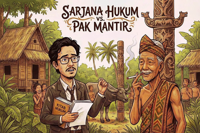 Perbincangan antara Wartawan lulusan Ilmu Hukum dengan seorang Mantir Adat. (Ilustrasi/Fahruddin Fitriya)