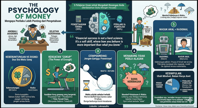 5 Pelajaran Hidup Dari Buku The Psychology Of Money karya Morgan Housel (Sumber Gambar: Gemini Nano Banana)