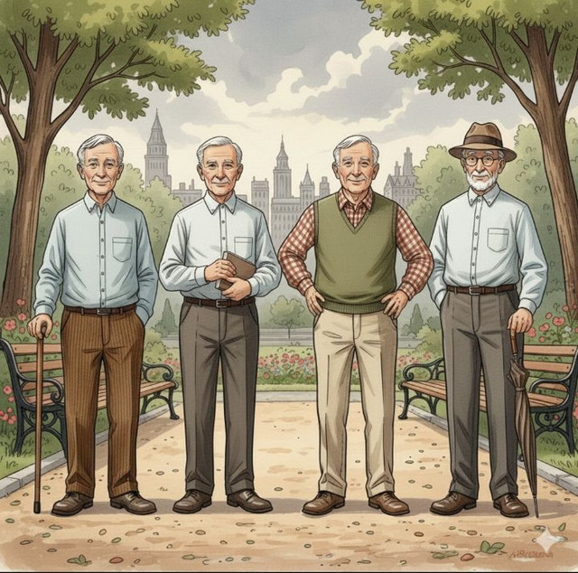 Sekadar ilustrasi tentang empat lelaki tua berusia di atas 70 tahun yang tetap energik dan memandang kehidupan dengan optimistis. (Sumber: Gemini AI)