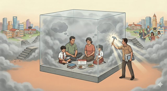 Keluarga yang terhalang kabut horizon aspirasi, dibantu pendamping sosial yang berusaha membuka visi masa depan mereka. (Ilustrasi hasil AI)