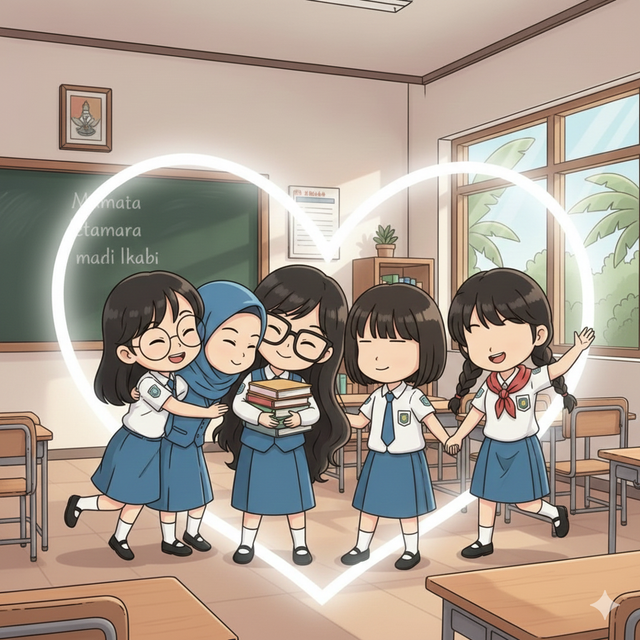 Ilustrasi dari Gemini AI: Lima sahabat yang terlihat saling perhatian di sebuah kelas.