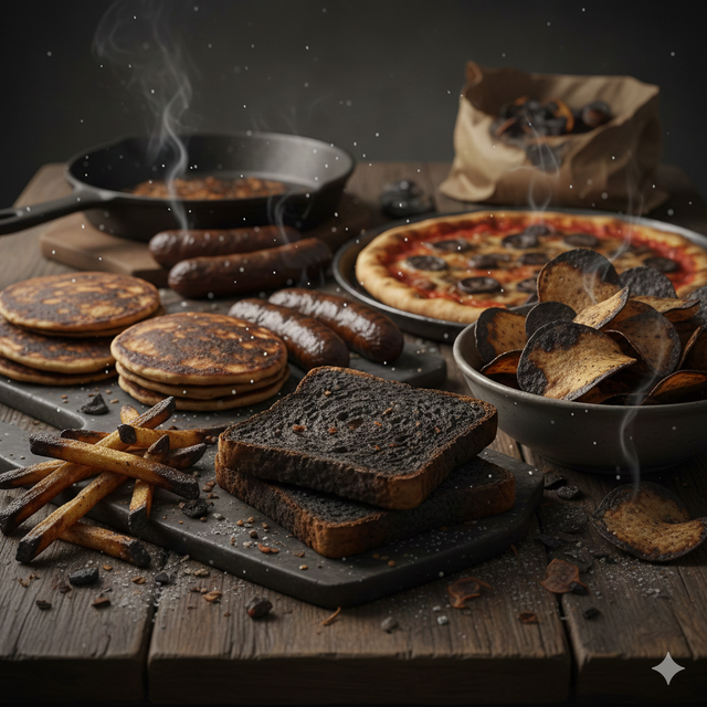 Gambar 1. Ilustrasi makanan gosong yang dapat memicu pembentukan akrilamida saat dimasak pada suhu tinggi (Sumber: Generated with AI)