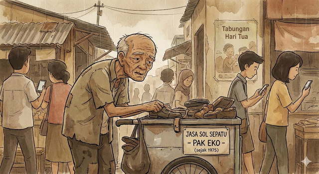 Ilustrasi lansia yang tetap harus bekerja karena tidak memiliki jaminan hari tua. (Ilustrasi Olah dari AI).