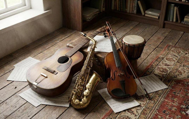 Gambar ini menampilkan kumpulan alat musik. Gambar ini dibuat oleh penulis dan dibantu oleh AI