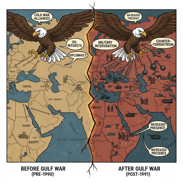 ilustrasi oleh Ai bagaimana pengaruh dari AS di timur tengah sebelum dan pasca perang teluk.