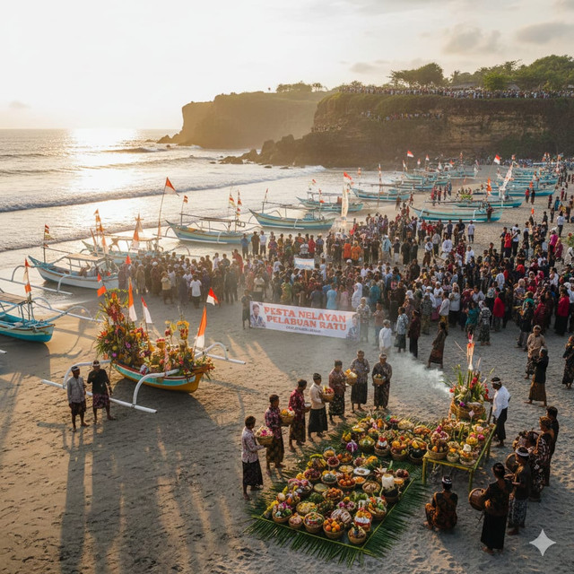 Suasana perayaan Hari Nelayan Pelabuhan Ratu di pesisir Sukabumi, Jawa Barat. Masyarakat nelayan mengikuti prosesi tradisi Labuh Saji dengan membawa aneka sesaji sebelum dilarung ke laut sebagai simbol rasa syukur dan doa keselamatan. Sumber : Generasi Gambar AI