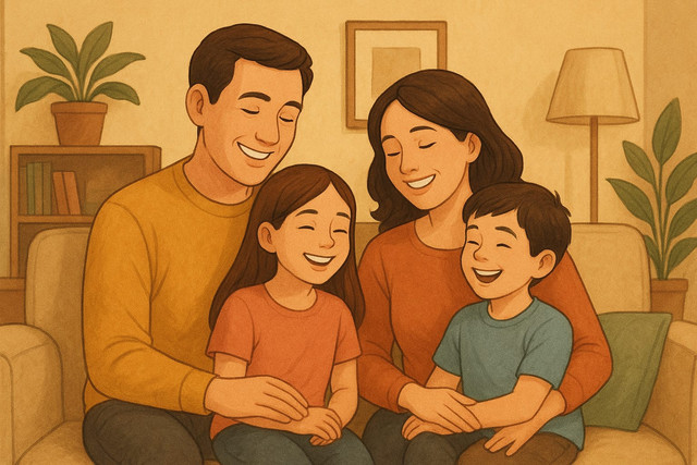 Ilustrasi keluarga hangat duduk bersama, saling tersenyum, memancarkan cinta, aman dan bahagia. Gambar ini dihasilkan dari Gemini AI.