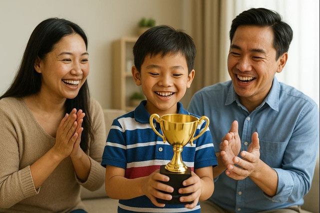 Seorang anak memegang piala prestasi dengan senyum bahagia, didampingi orang tua yang bangga dan penuh haru. Gambar ini dihasilkan dari gemini ai.