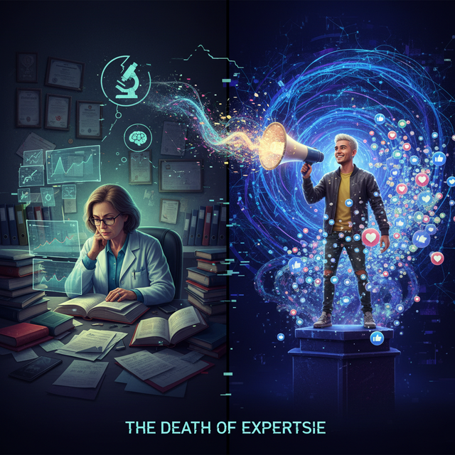 Ilustrasi : Gambar dibuat menggunakan Perplexity Ai untuk menggambarkan Death of Expertise: Scientist vs Influencer in the Digital Age