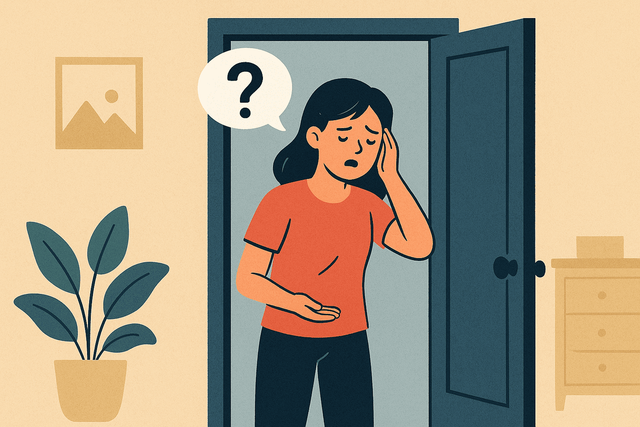 Ilustrasi seseorang berhenti sejenak setelah melewati pintu karena lupa tujuan, menggambarkan fenomena The Doorway Effect. Sumber: Ilustrasi dibuat dengan bantuan kecerdasan buatan (AI)