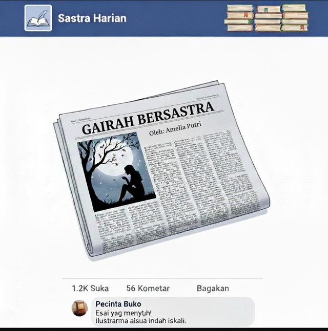 Ilustrasi sebuah platform digital yang mengunggah foto karya seorang penulis, berupa sebuah esai budaya, di sebuah koran cetak terkemuka. (Sumber: Gemini AI)