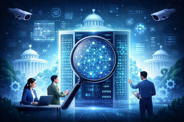 Ilustrasi konseptual tata kelola AI pemerintah: visualisasi algoritma dan data yang berada di balik sistem digital negara, disorot sebagai simbol tuntutan transparansi, akuntabilitas, dan keterbukaan pengambilan keputusan publik berbasis kecerdasan artifisial di Indonesia. (Sumber foto: Idisign)