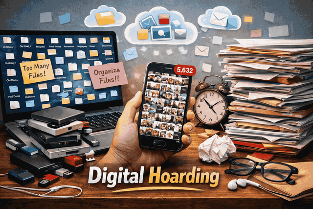 Sumber gambar: Ilustrasi digital hoarding, dibuat oleh AI DALL·E/OpenAI, 2025. “Ilustrasi digital hoarding: komputer dan smartphone penuh file menumpuk”